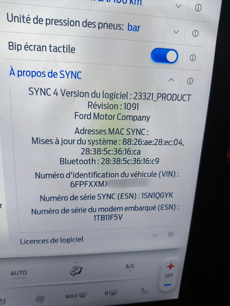 Ford Ranger Main display software versions 1000022041