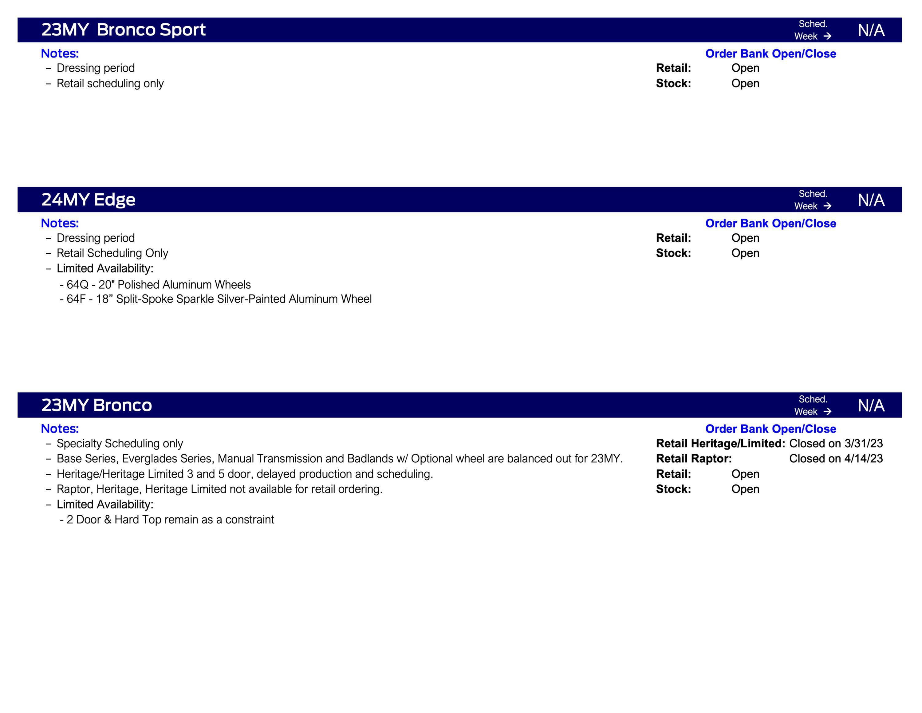 Ford Ranger 2024 Ranger Raptor Scheduling Only This Week (7/13/23) for Production Weeks 9/4 - 9/25 Ford Scheduling Information - 7.10.23-2