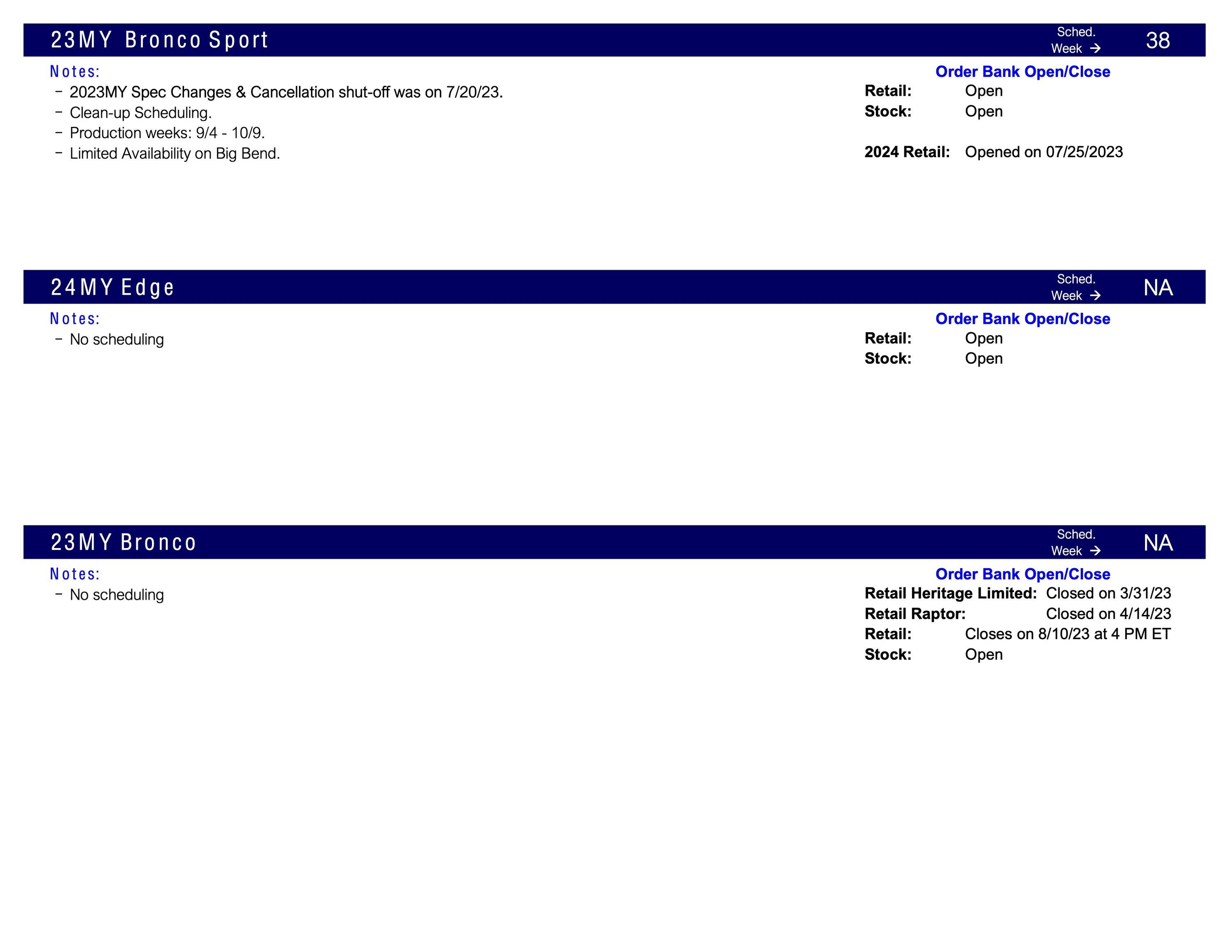 Ford Ranger No Ranger Scheduling This Week (8/3/23) Scheduling Notes 7.31.23-2
