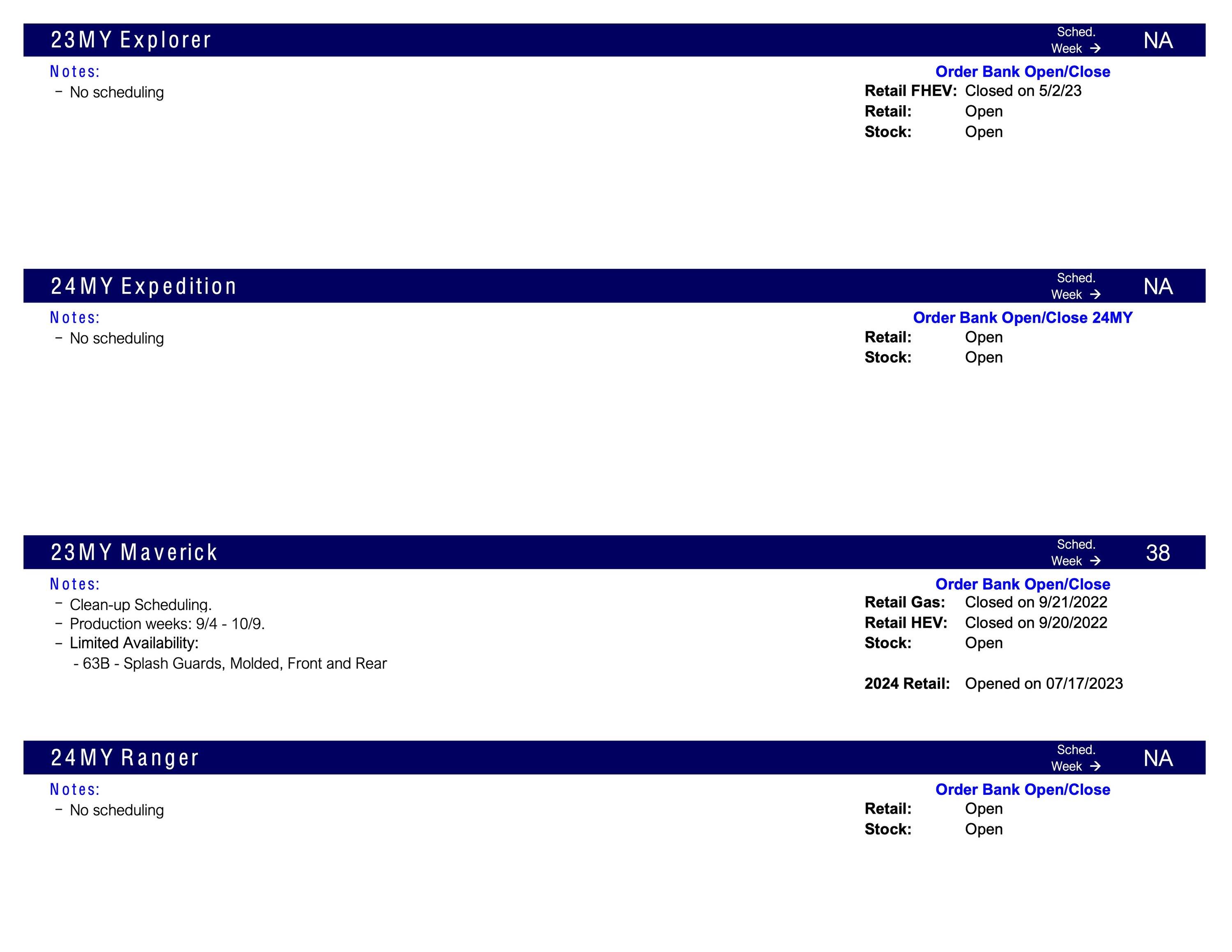 Ford Ranger No Ranger Scheduling This Week (8/3/23) Scheduling Notes 7.31.23-3