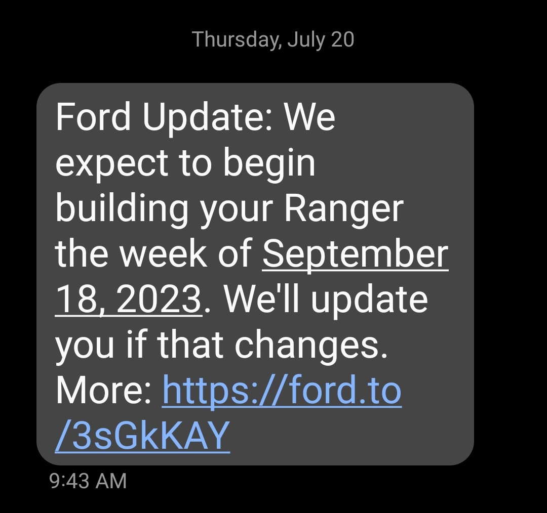 Ford Ranger 📬 Update: 7/20/23 Scheduling Emails Now Arriving! Screenshot_20230720_095046_Messages