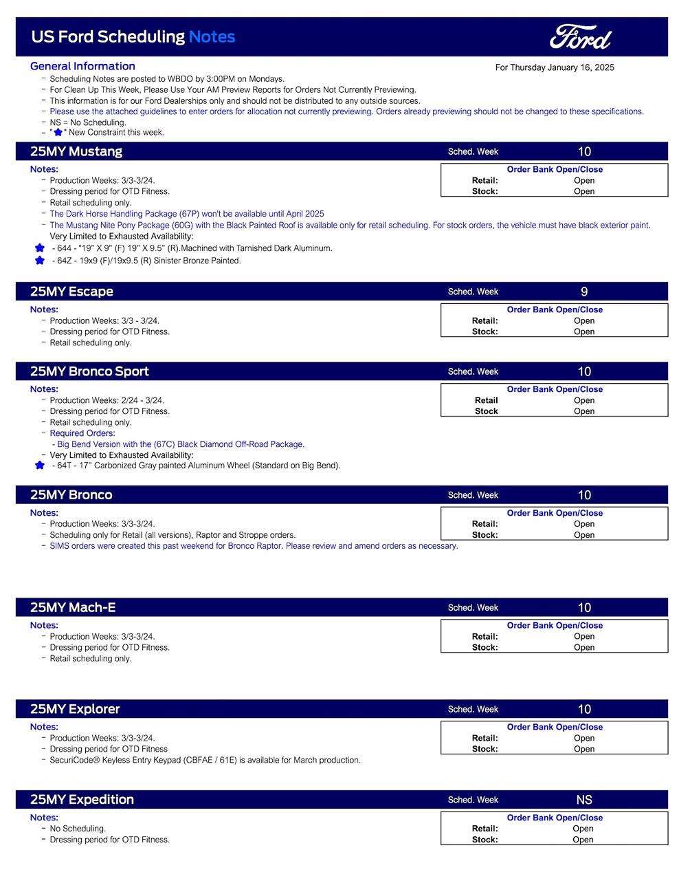 Ford Ranger 2025 Ranger Scheduling This Week (1/16/25) for Production Weeks 3/3 - 3/24/25 US Ford Scheduling Notes - 1.13.25-1
