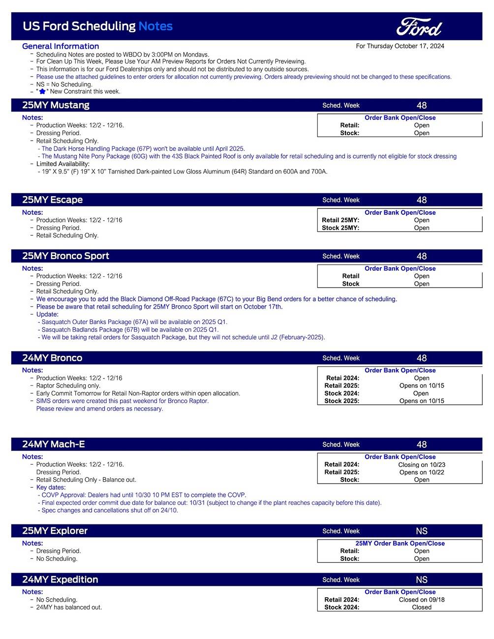 Ford Ranger 2024 Ranger Scheduling This Week (10/17/24) for Production Weeks 12/2 - 12/16 US Ford Scheduling Notes - 10.14.24-1