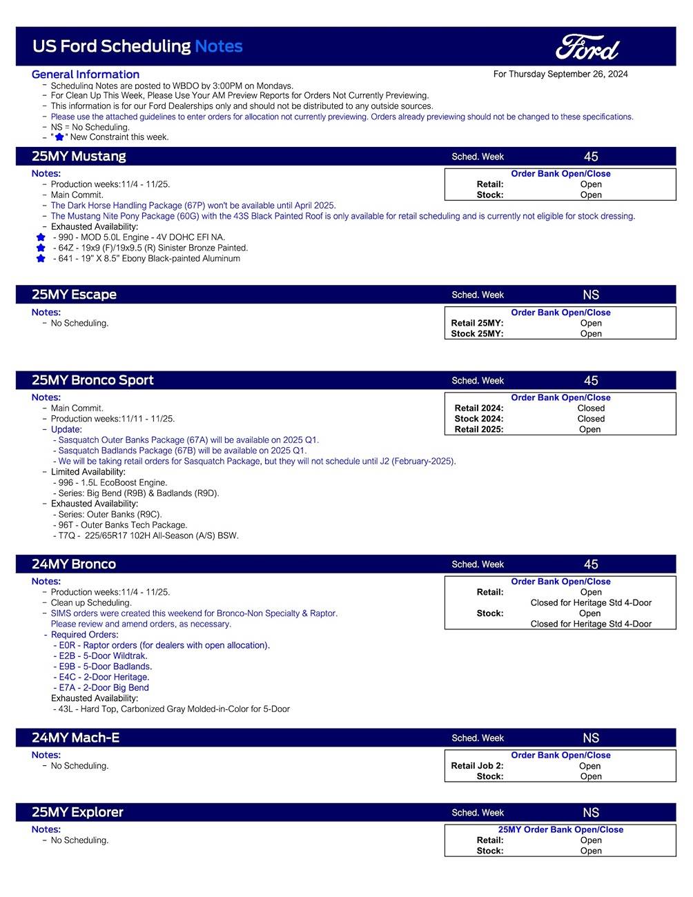 Ford Ranger 2024 Ranger Scheduling This Week (9/26/24) for Production Week 11/25 US Ford Scheduling Notes - 9.23.24-1