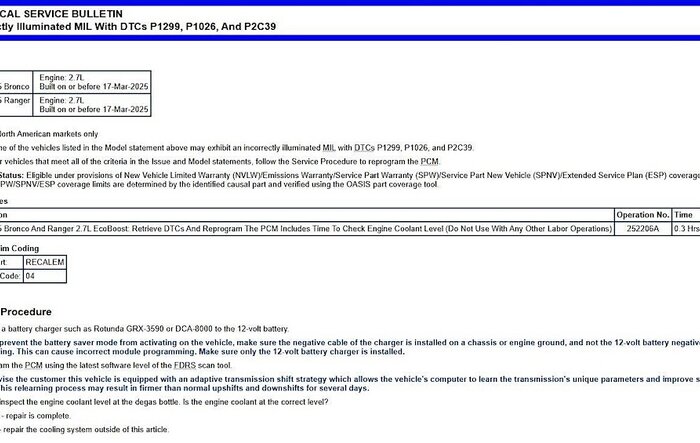TSB 25-2206: 2024-2025 Ranger 2.7L Incorrectly Illuminated MIL (Check Engine) with DTCs P1299, P1026 and P2C39